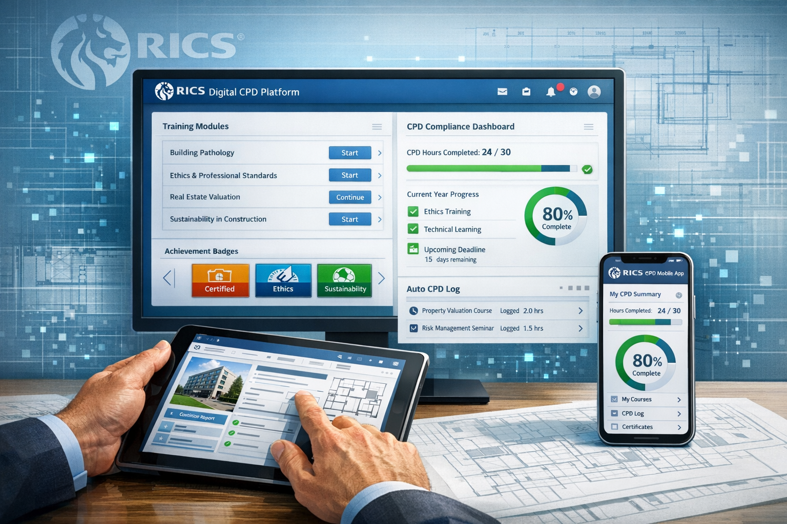 () detailed illustration showing RICS digital CPD platform interface on large desktop monitor with mobile app companion on