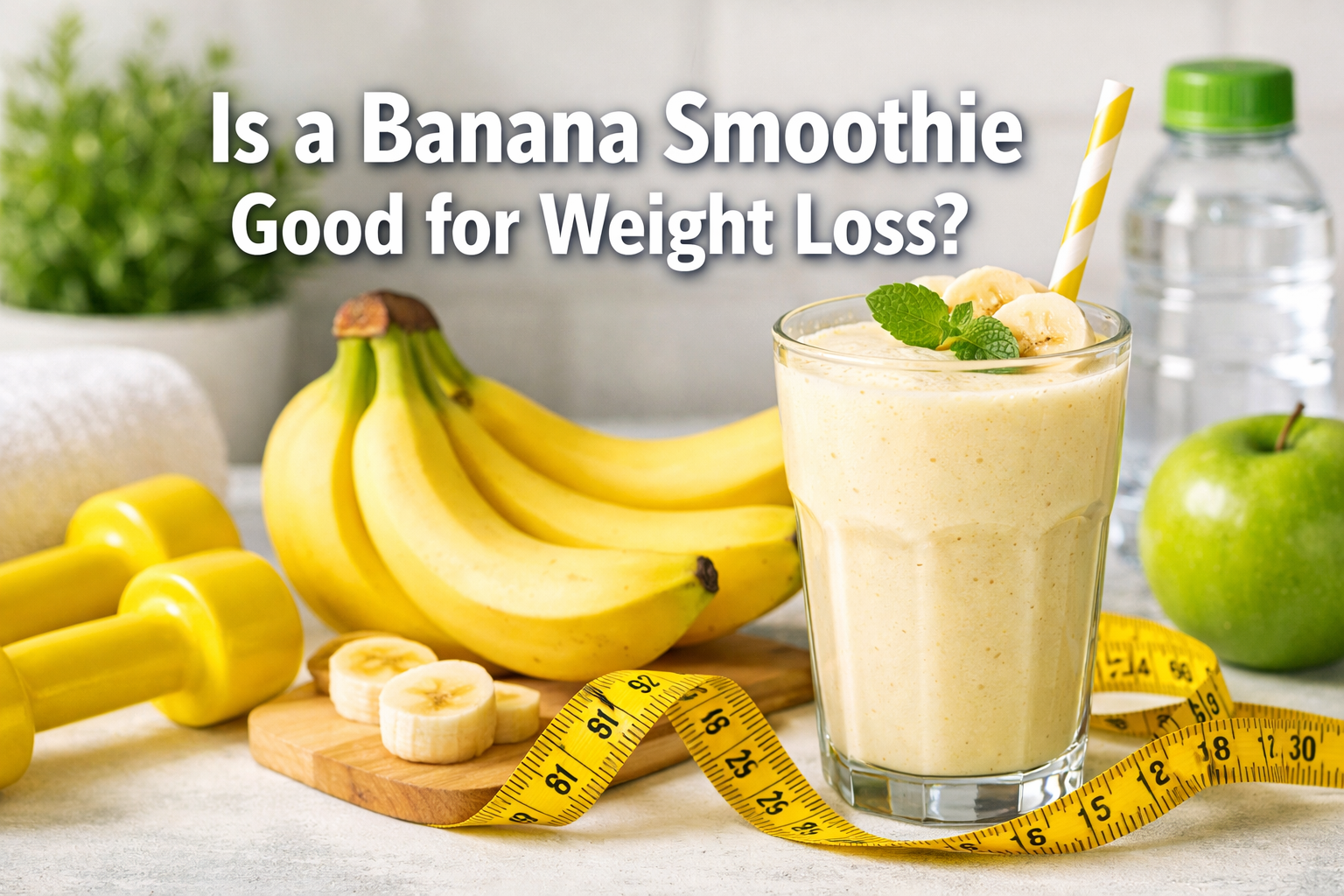 Professional landscape hero image (1536x1024) with bold text overlay 'Is a Banana Smoothie Good for Weight Loss?' in modern sans-serif 70pt 