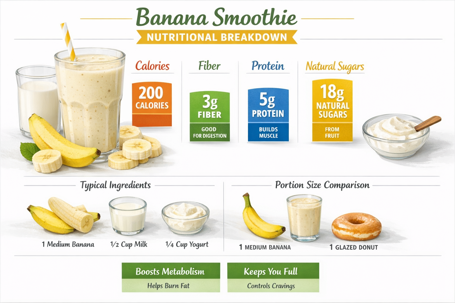 Detailed infographic showing banana smoothie nutritional breakdown with calories, fiber, protein, and natural sugars highlighted in colorful