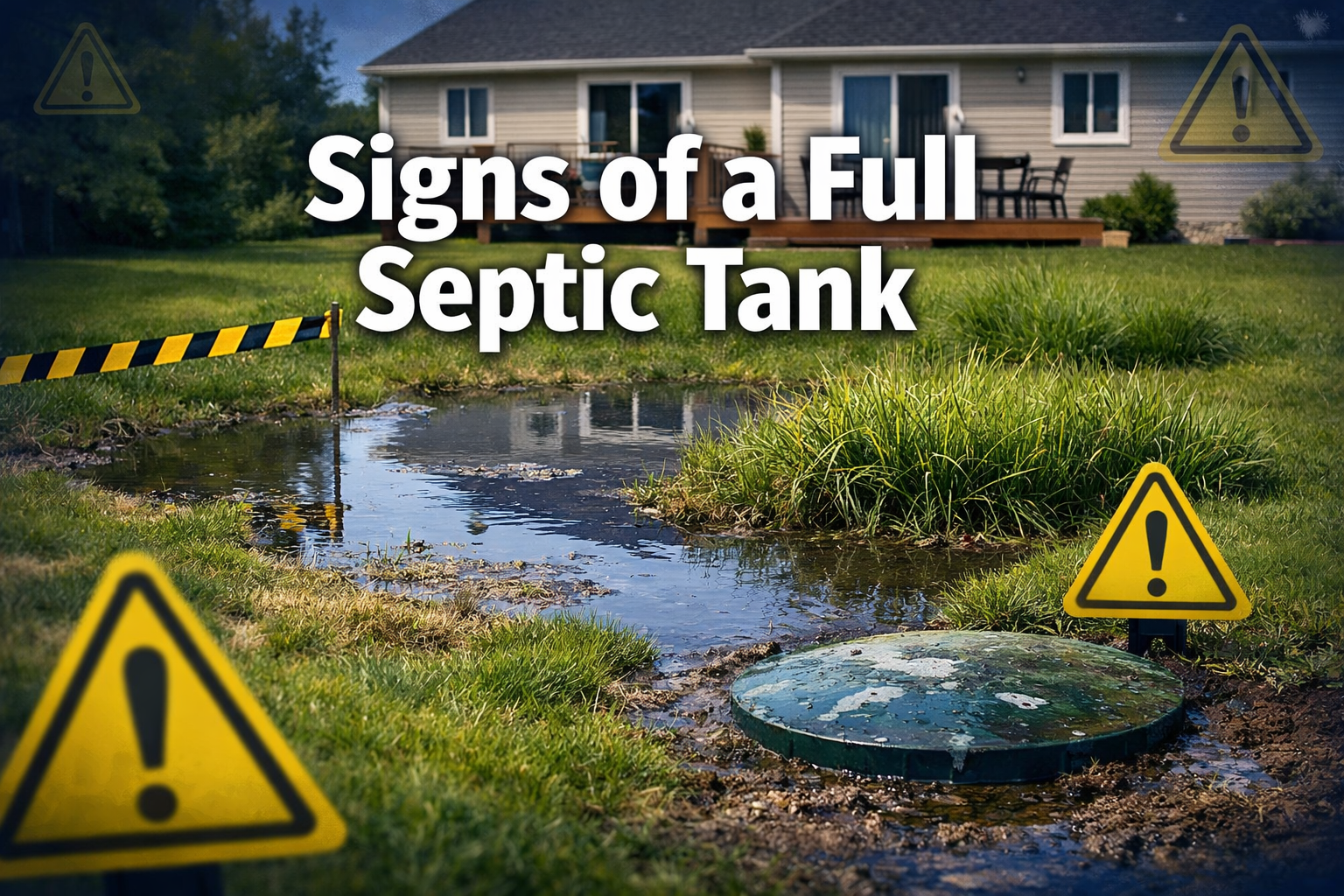 Professional landscape format (1536x1024) hero image with bold text overlay 'Signs of a Full Septic Tank' in extra large 72pt white sans-ser