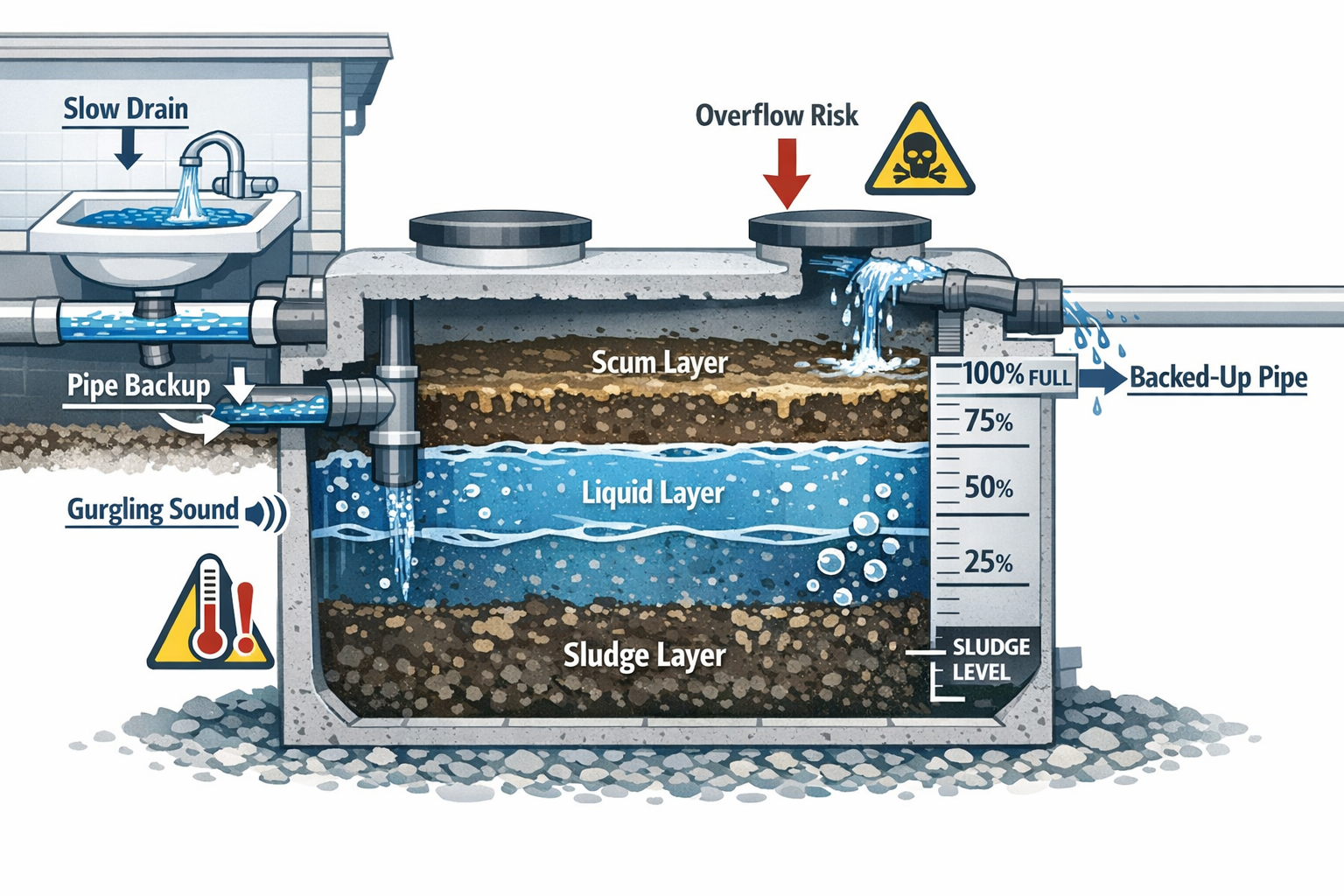 Detailed landscape format (1536x1024) image showing cross-section view of a full septic tank with visible sludge layers, pipes backing up wi