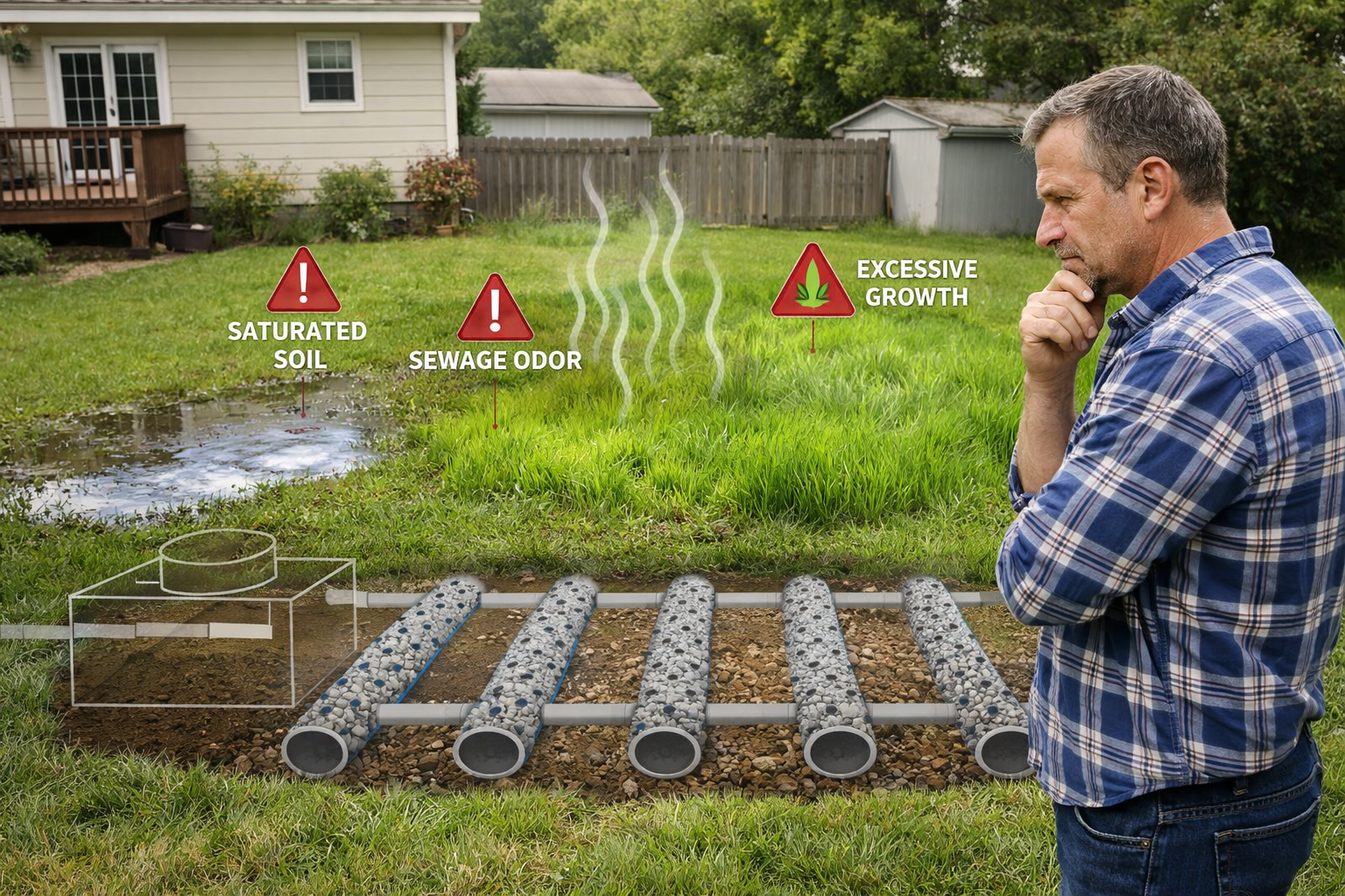 Professional landscape format (1536x1024) image depicting a suburban yard with clear visual warning signs: pooling water around septic area,