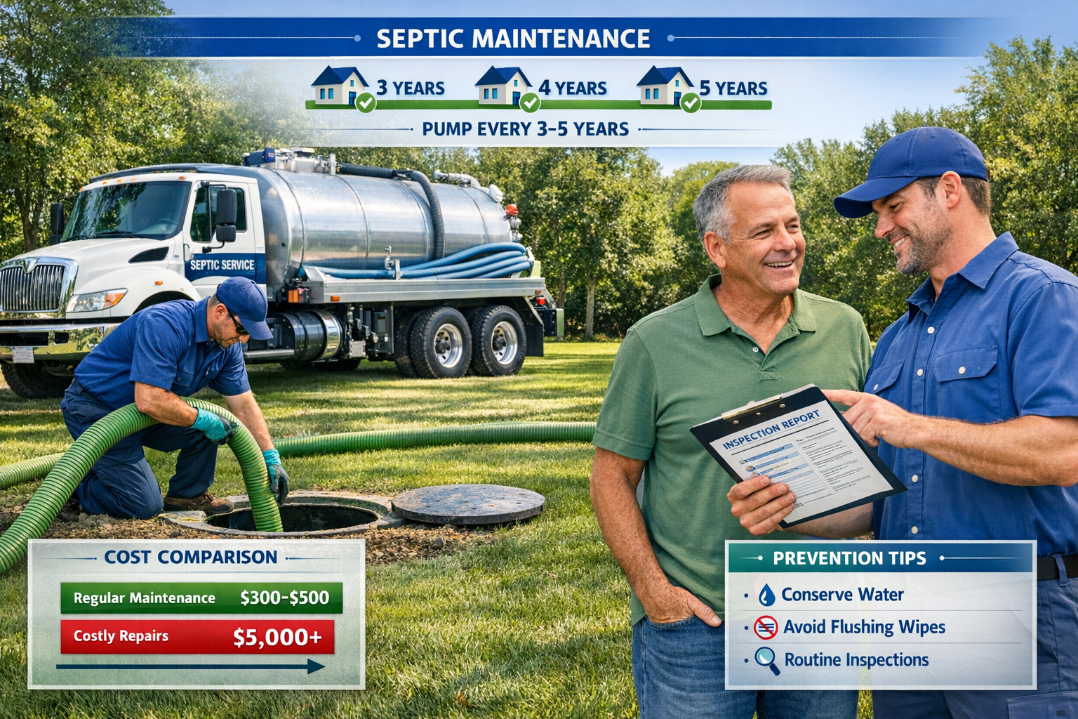 Detailed landscape format (1536x1024) image showing septic maintenance scene with professional technician pumping septic tank, maintenance t