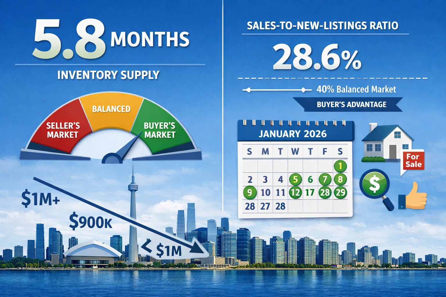 Landscape format (1536x1024) detailed infographic showing Toronto housing market conditions for January 2026. Split-screen composition: left