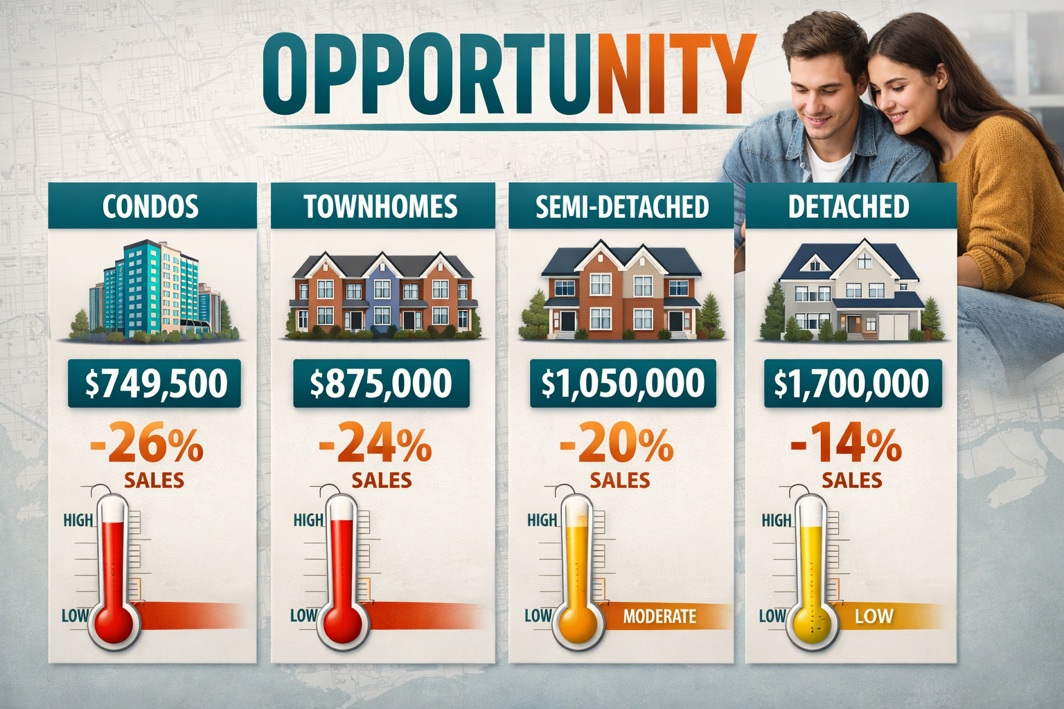 Landscape format (1536x1024) comparative visualization showing different Toronto property types and their year-over-year performance metrics