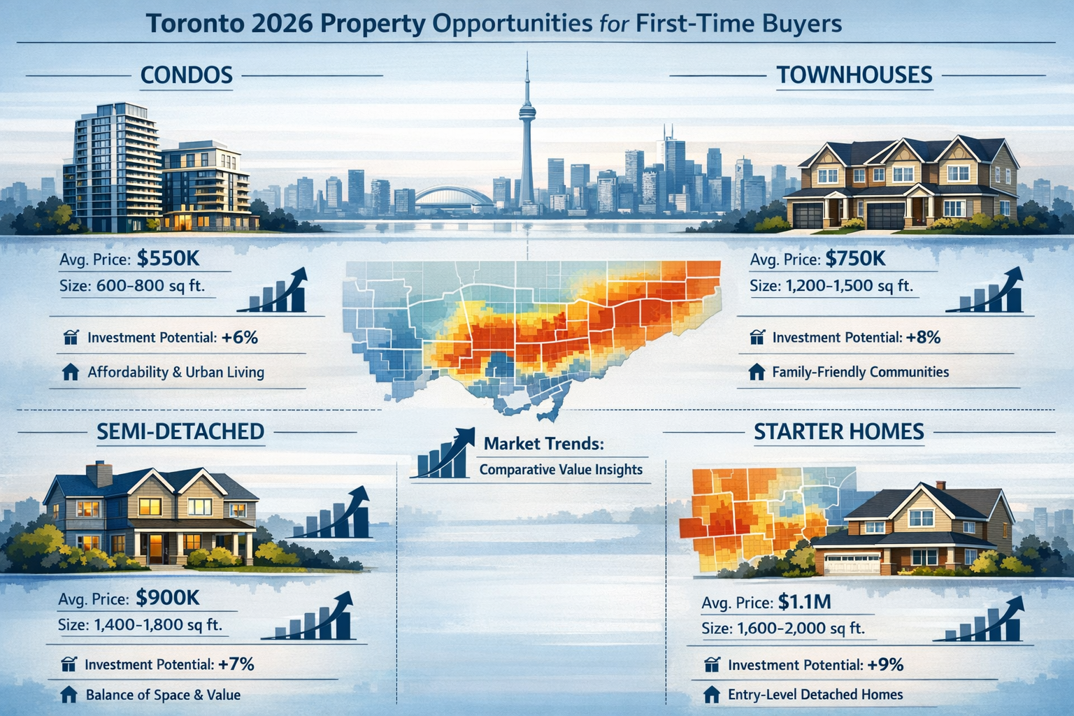 Detailed editorial-style infographic visualizing Toronto's 2026 property type opportunities for first-time buyers, split into quadrants: Con
