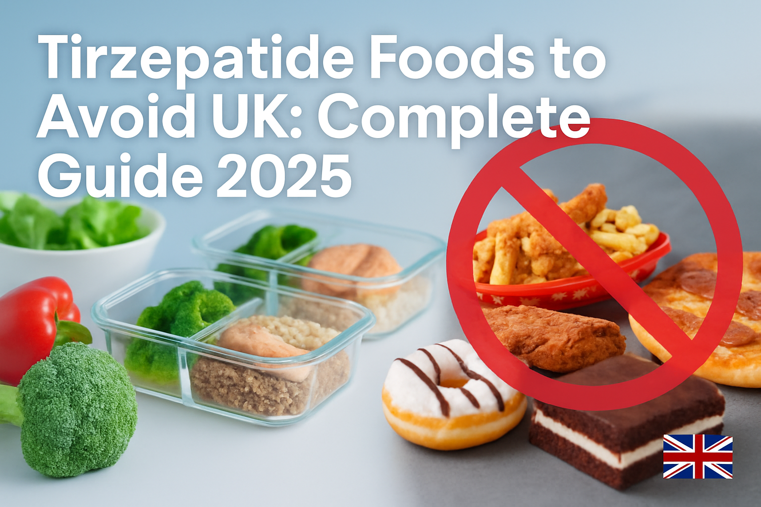 Professional landscape hero image (1536x1024) featuring bold text overlay 'Tirzepatide Foods to Avoid UK: Complete Guide 2025' in extra larg