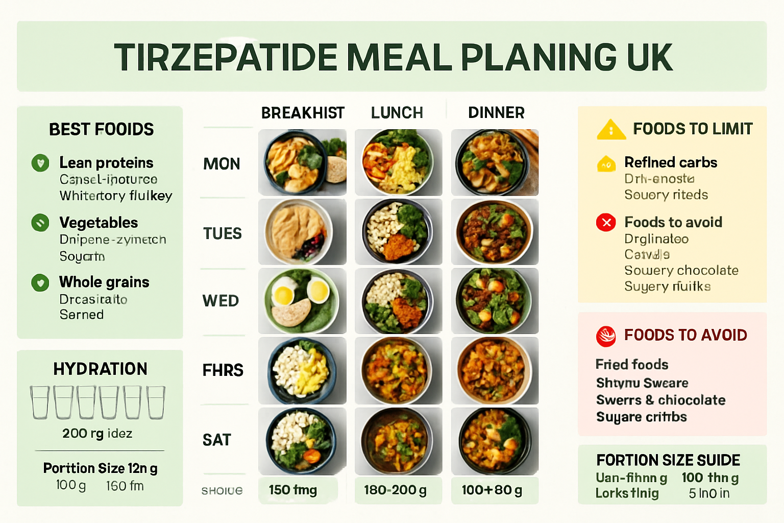 Comprehensive landscape chart (1536x1024) showing recommended meal planning for tirzepatide users in UK. Center features weekly meal prep gr