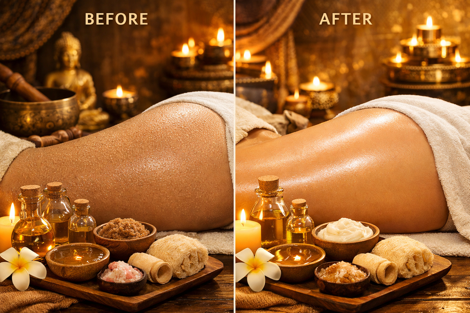 Landscape format (1536x1024) image showing radiant glowing skin close-up with before/after comparison, spa treatment products including orga