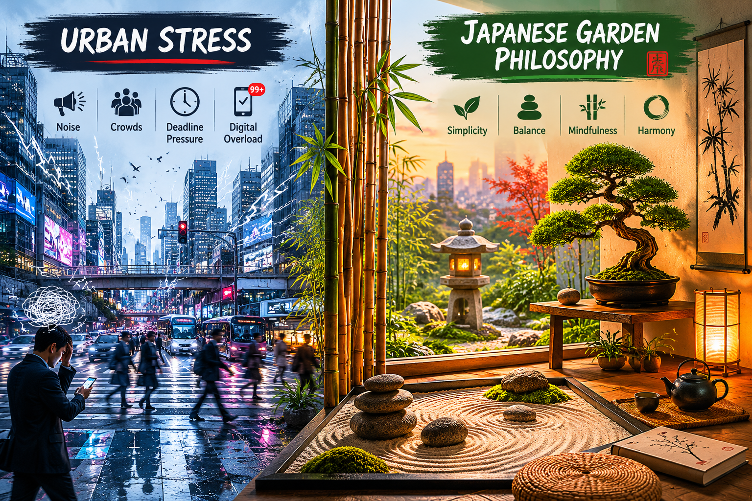 () editorial illustration showing a split-scene concept: left side depicts a chaotic urban cityscape with noise lines and