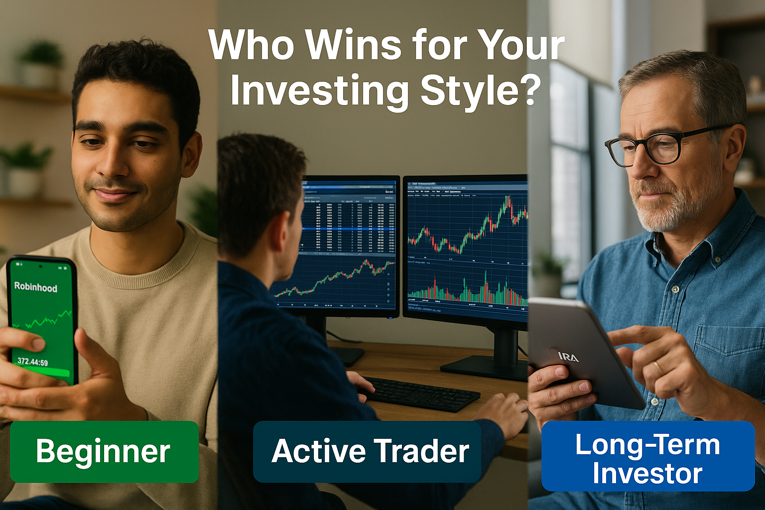 Landscape editorial image (1536x1024) depicting three investor personas with overlay text 'Who Wins for Your Investing Style?' in bold 56pt 