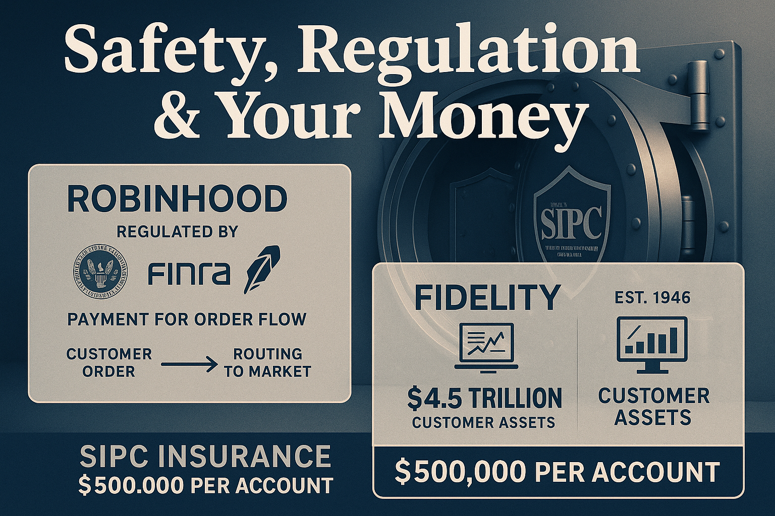 Detailed landscape financial safety infographic (1536x1024) with bold headline 'Safety, Regulation & Your Money' in 64pt white text with sha