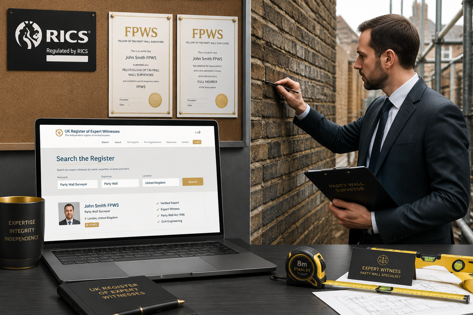 () editorial illustration showing a split-scene: left side features a UK Register of Expert Witnesses searchable database on