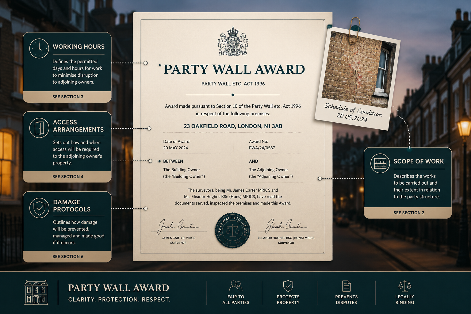 () infographic-style image showing a Party Wall Award document as the central focal point, surrounded by annotated callout