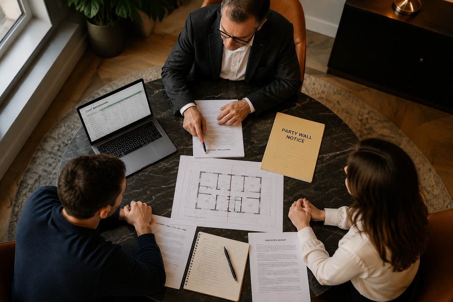 () top-down aerial perspective showing two property owners and a single agreed party wall surveyor seated at a round table