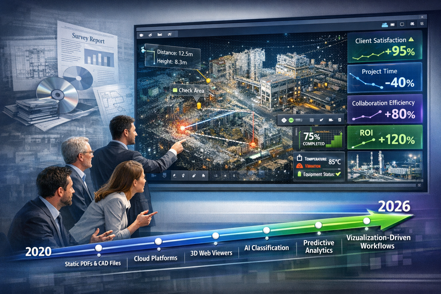 Landscape format (1536x1024) futuristic visualization showing evolution of client deliverables and expectations in surveying industry. Foreg