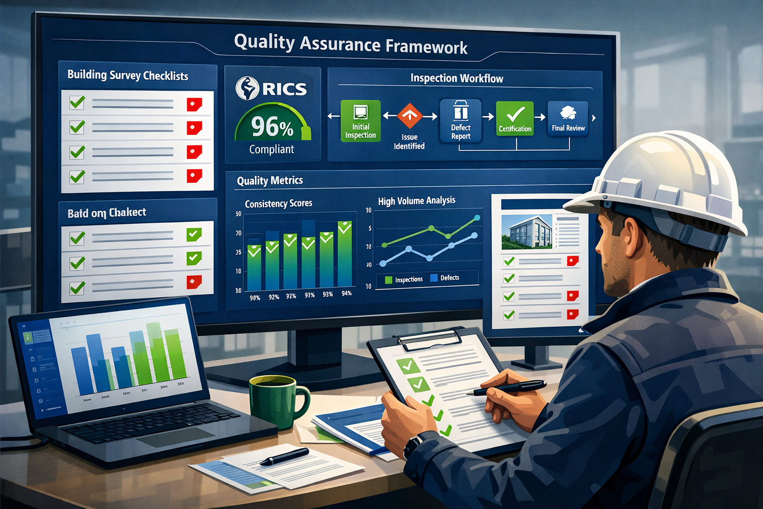 () detailed illustration showing quality assurance framework dashboard on large monitor screen, displaying multiple building