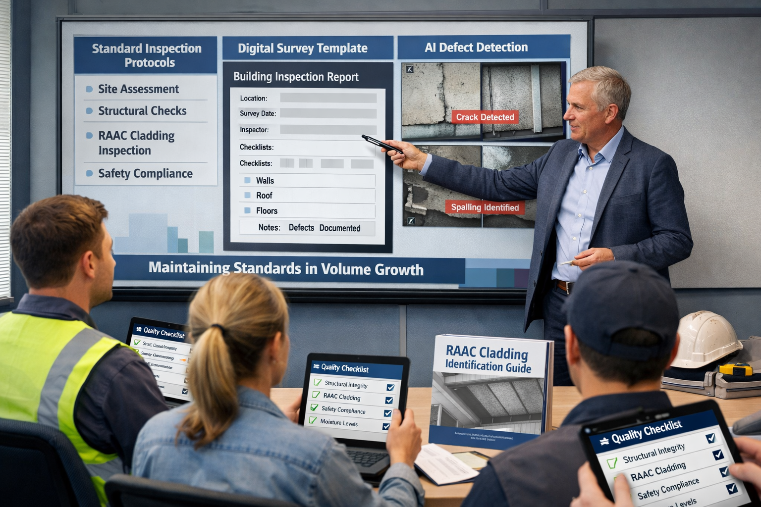() image depicting professional training session for surveyors in modern conference room, instructor pointing to large