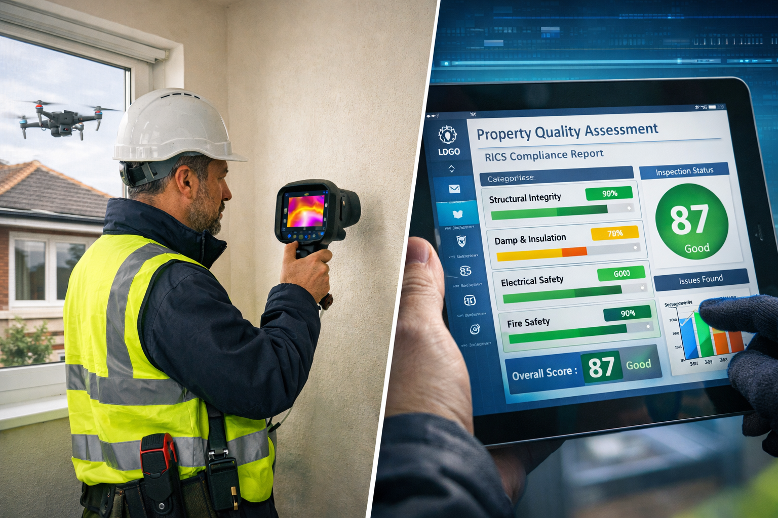 () visual representation of surveyor conducting detailed building inspection using advanced technology, holding thermal