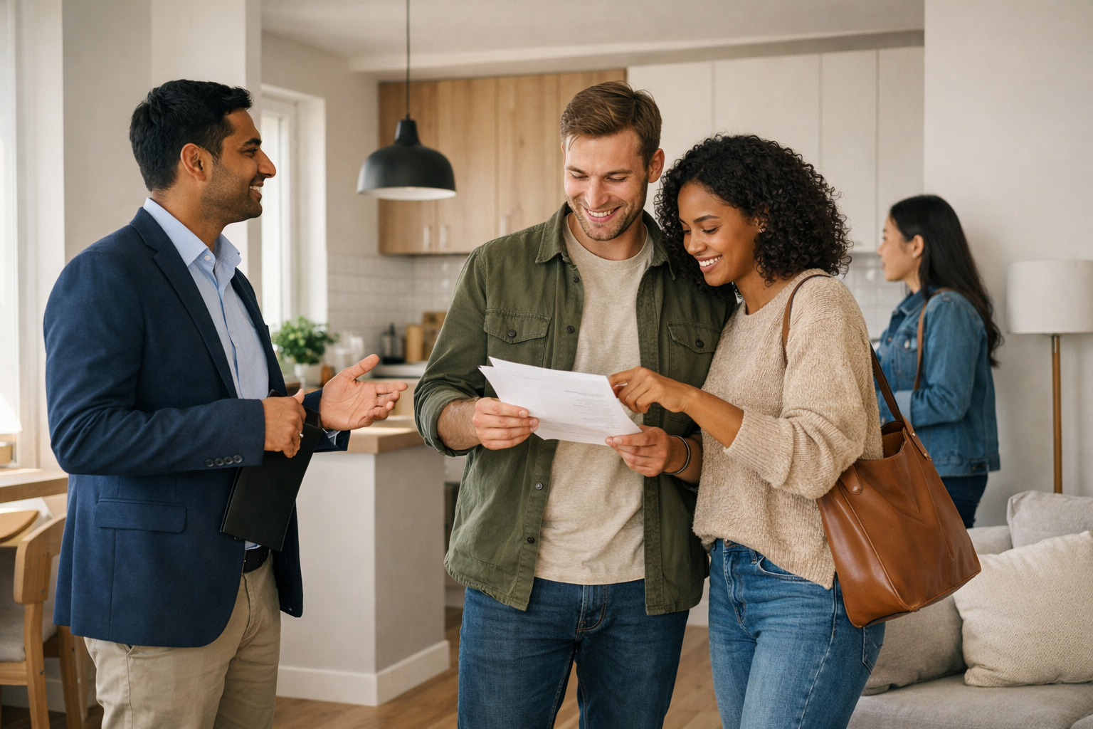 Landscape format (1536x1024) editorial image depicting a diverse group of first-time buyers viewing a modern affordable flat with an estate 
