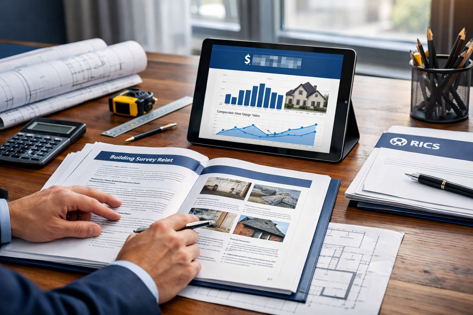 Professional landscape format (1536x1024) image showing a detailed building survey report layout on a desk with architectural plans, profess