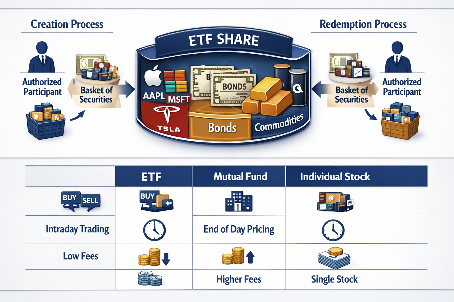 Detailed infographic illustration showing ETF structure and mechanism in landscape format (1536x1024). Center displays cutaway diagram of si