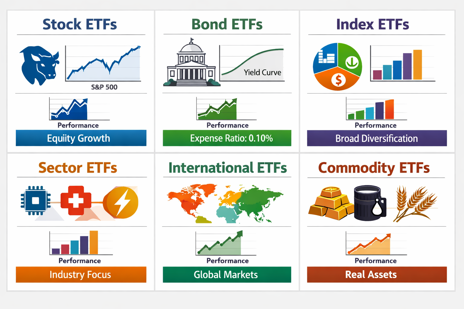 Comprehensive visual taxonomy of ETF types presented as organized grid layout in landscape format (1536x1024). Six distinct sections arrange