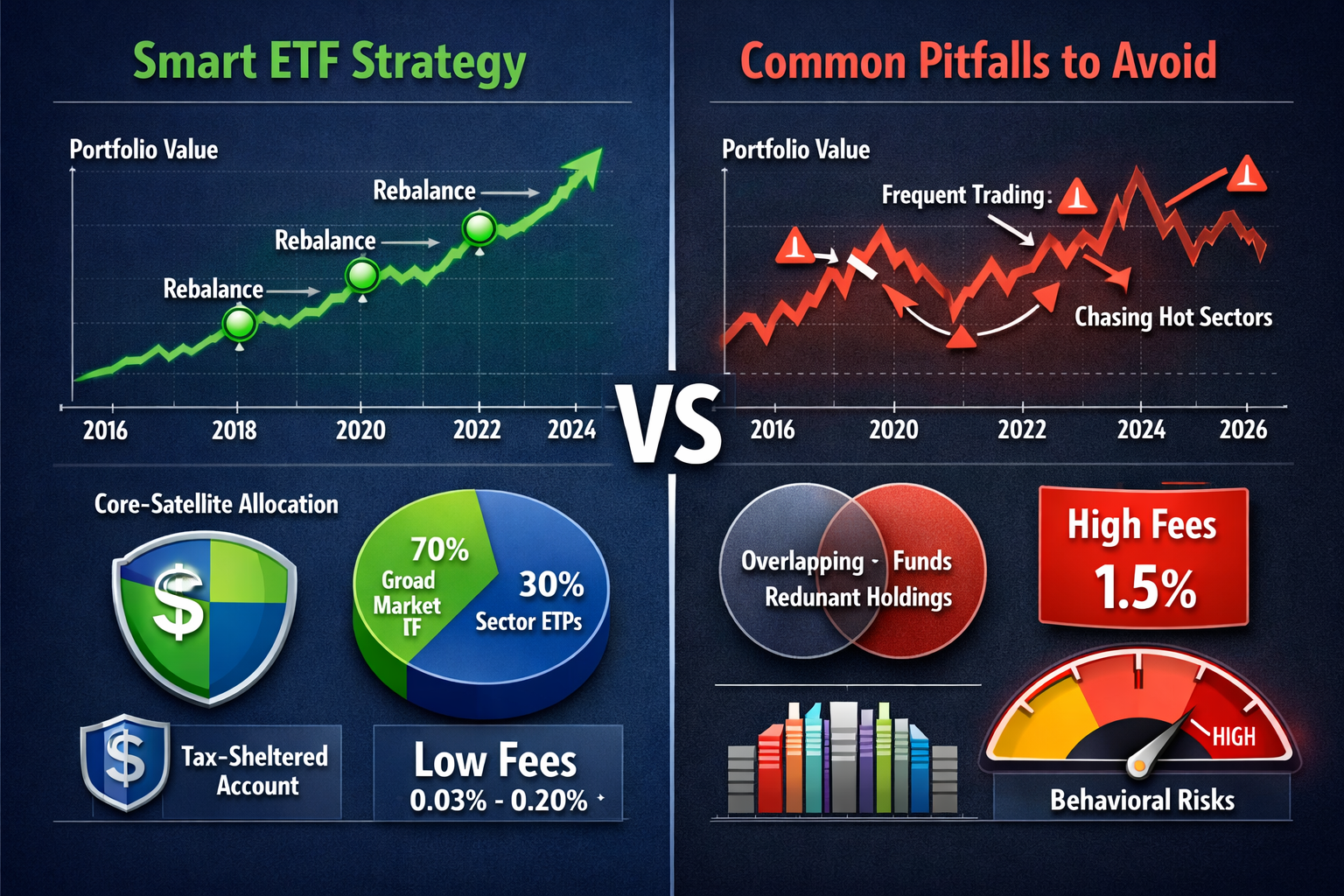 Side-by-side comparison visualization in landscape format (1536x1024) showing long-term ETF investing strategy versus common mistakes. Left