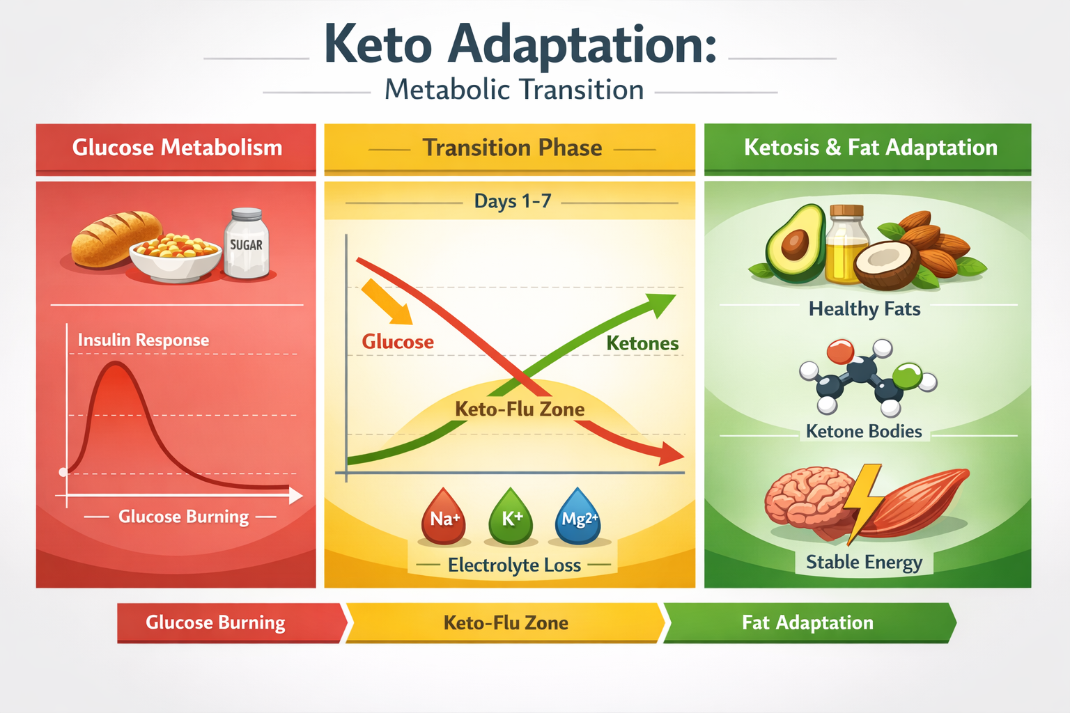 Comprehensive visual chart (1536x1024) illustrating the metabolic transition during keto adaptation. Left side shows glucose metabolism with
