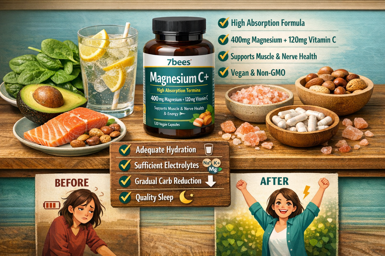 Practical solution-focused image (1536x1024) displaying natural remedies and supplements for keto flu prevention. Top section shows 7bees Ma