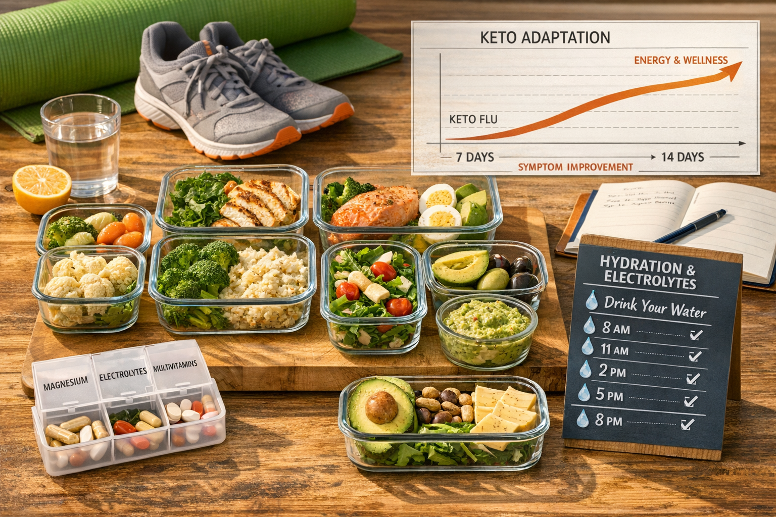Actionable lifestyle image (1536x1024) showing sustainable keto adaptation strategies. Central focus on weekly meal prep scene with keto-fri