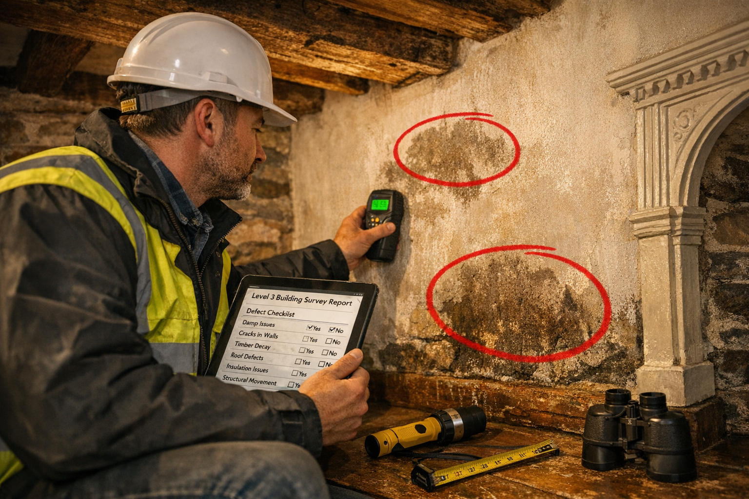 () close-up scene of surveyor conducting detailed Level 3 building survey inspection inside Welsh period property. Shows