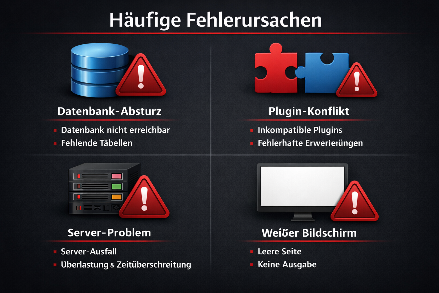 () infographic-style illustration showing a WordPress error dashboard with German labels: 'Häufige Fehlerursachen' as