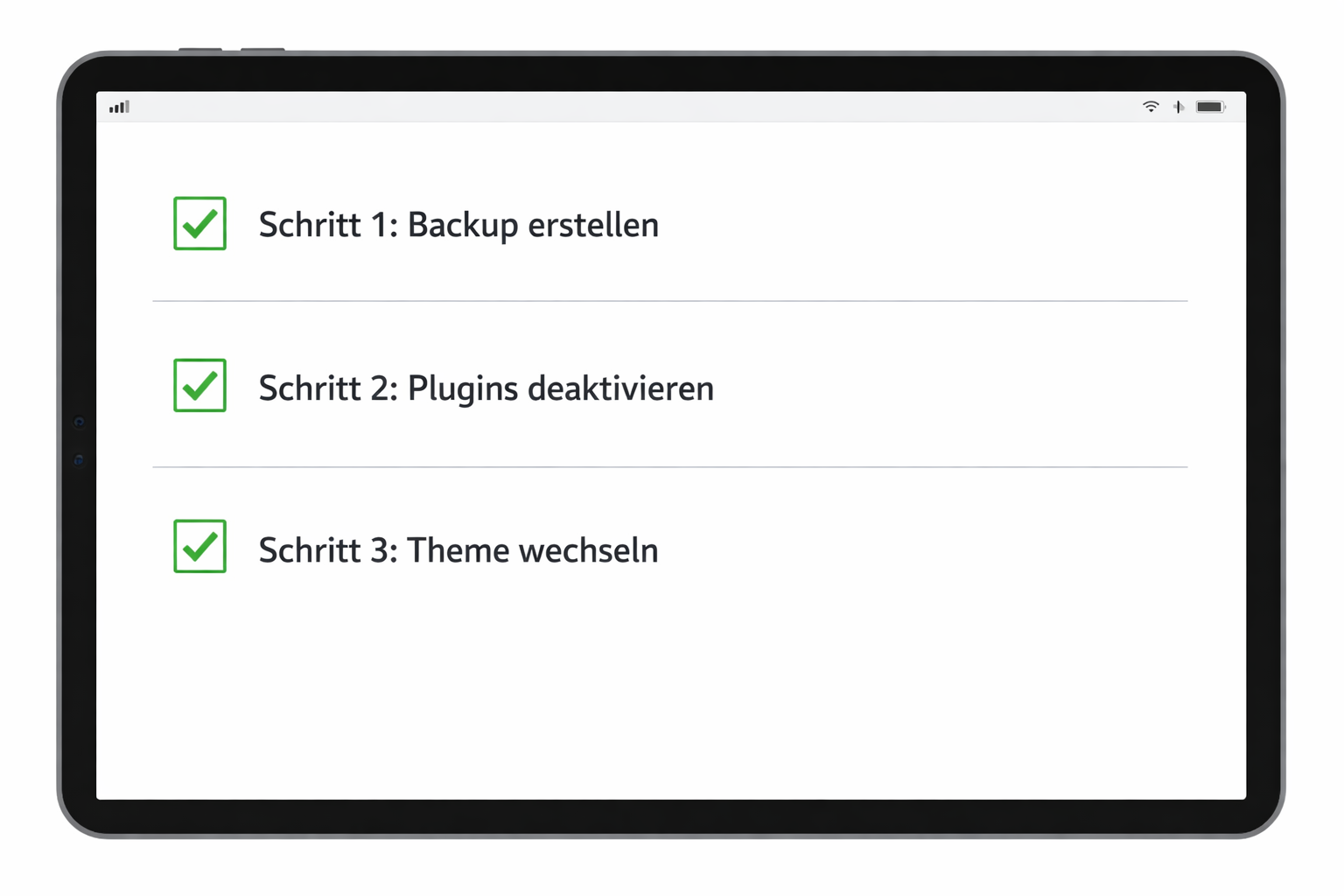() step-by-step visual checklist displayed on a tablet screen with German text labels: 'Schritt 1: Backup erstellen',