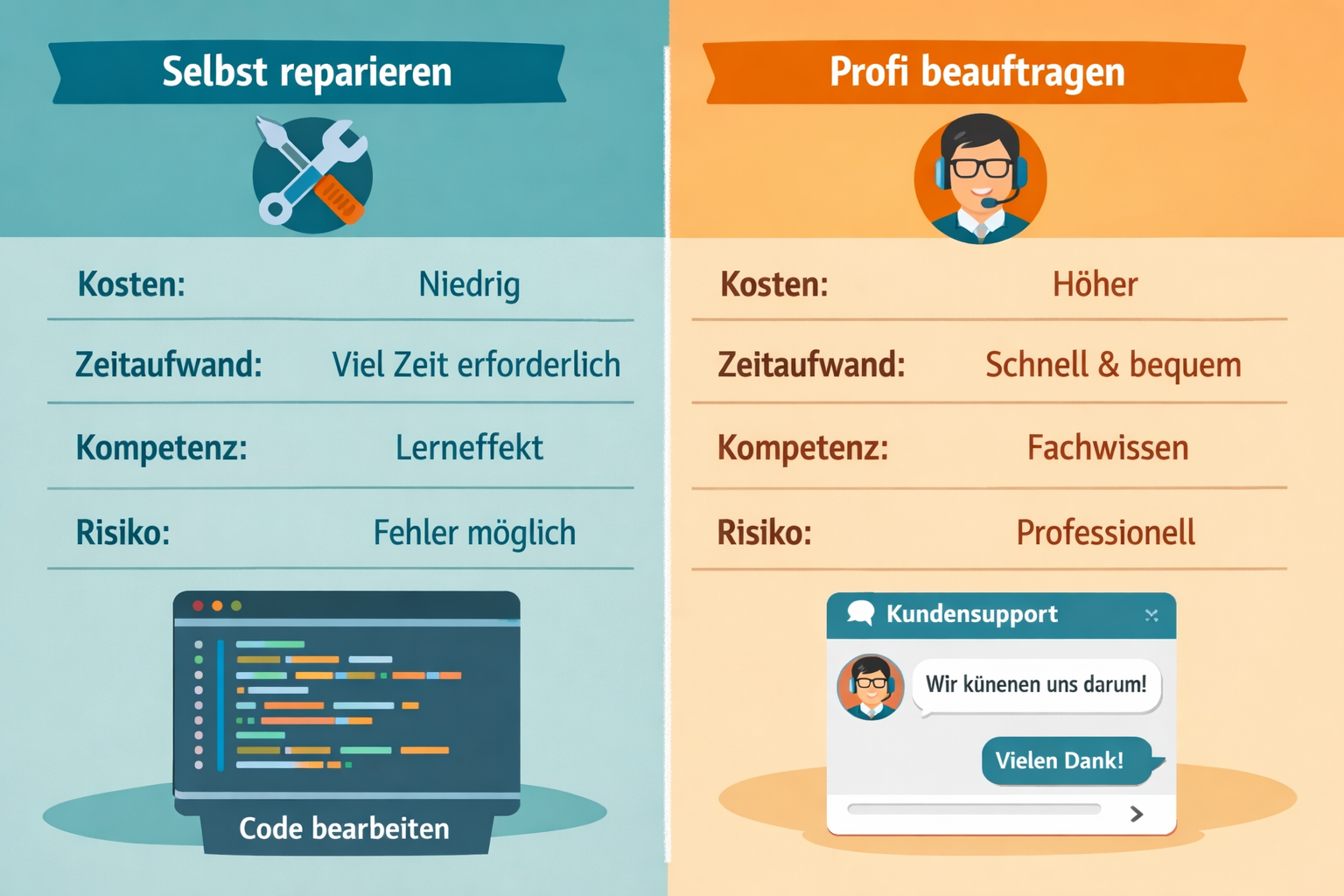 () split-screen comparison table showing two scenarios side by side: left panel labeled 'Selbst reparieren' with DIY tools