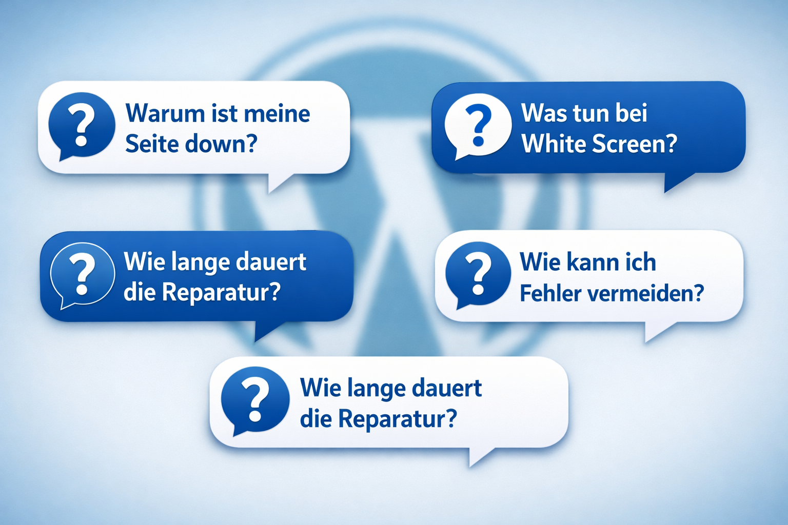 () FAQ-style visual with a WordPress logo in the background (slightly blurred), foreground showing five floating question
