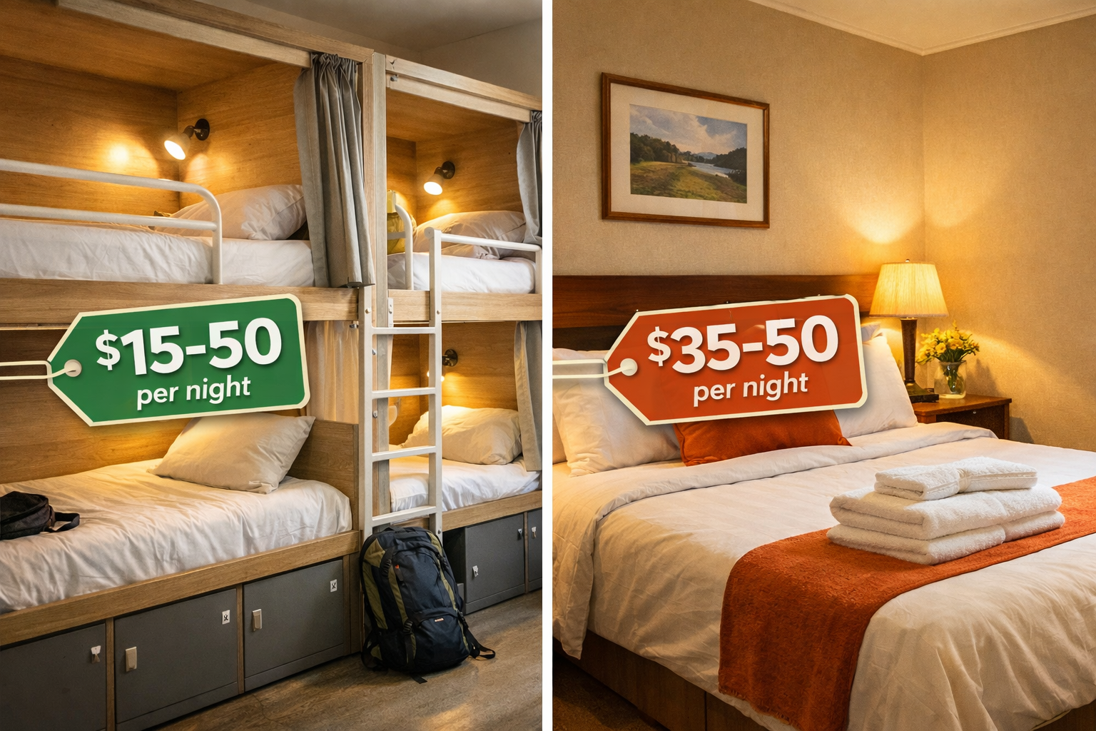 Landscape format (1536x1024) editorial image showing a diverse split-screen composition: left side displays a clean hostel dormitory with co