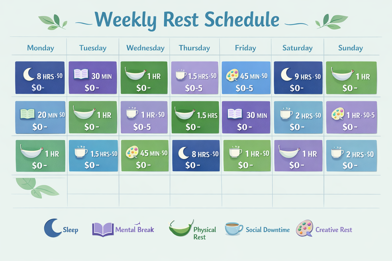 Landscape format (1536x1024) infographic-style image showing a weekly rest schedule calendar grid with color-coded blocks representing diffe