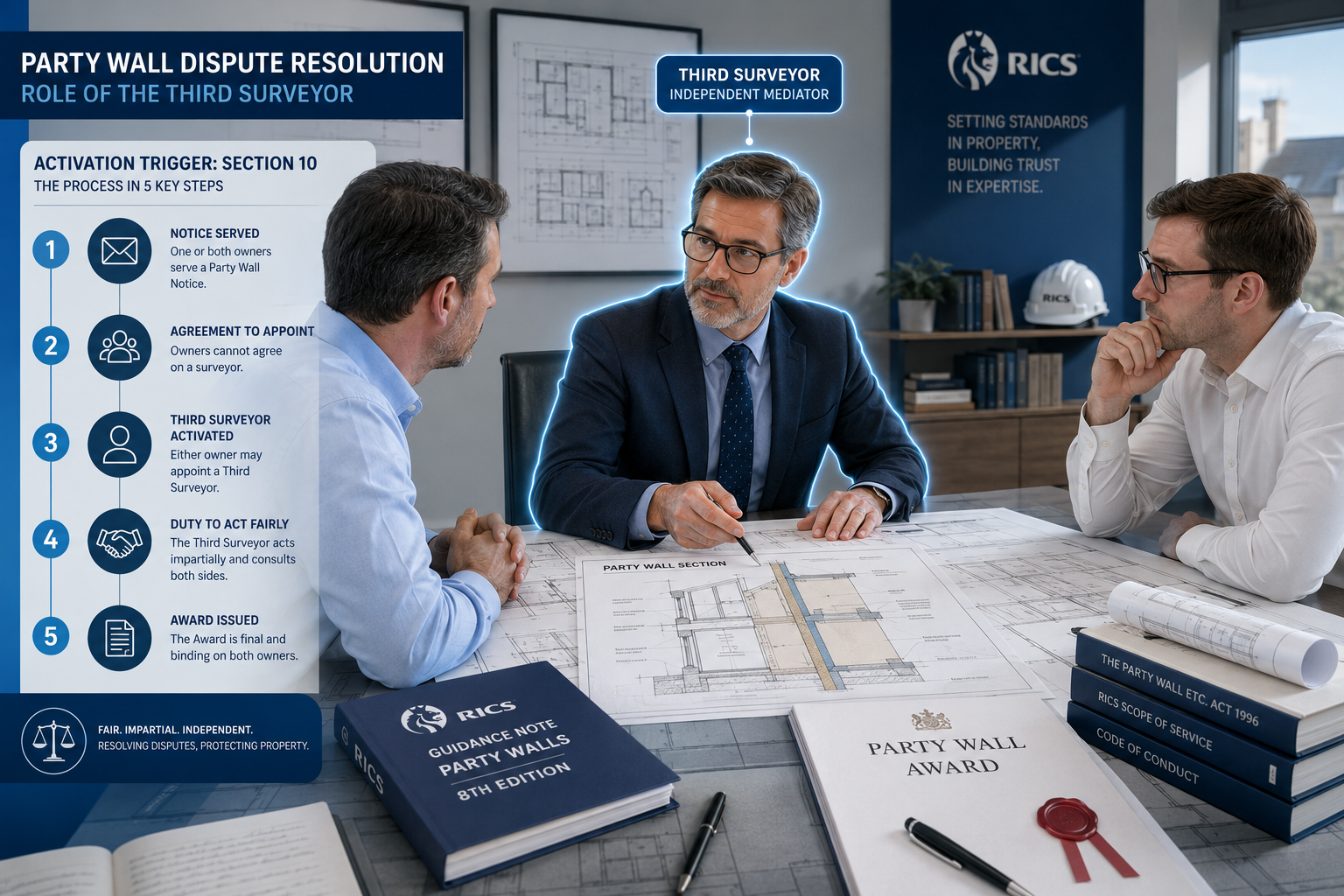 Wide-angle editorial illustration showing three surveyors seated around a formal dispute resolution table with architectural