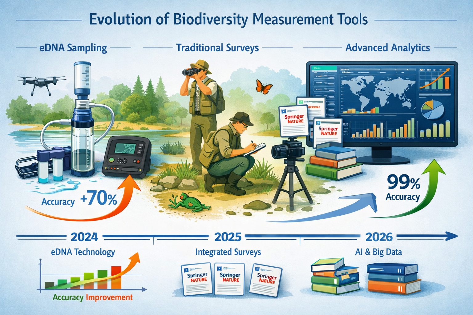 () detailed infographic showing evolution of biodiversity measurement tools from 2024 to 2026, featuring timeline with