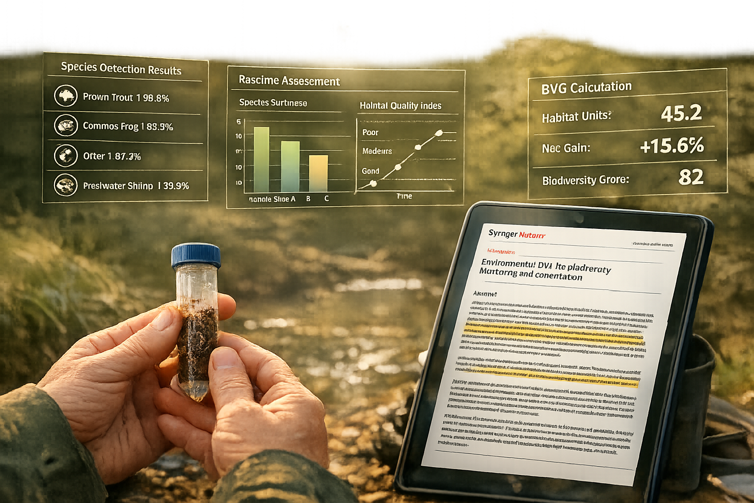 () close-up scene of biodiversity surveyor's hands holding soil sample tube for eDNA analysis in foreground, with blurred
