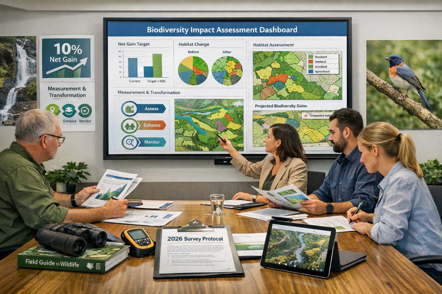 () wide-angle view of collaborative workspace showing conservation planning meeting, with large wall-mounted screen