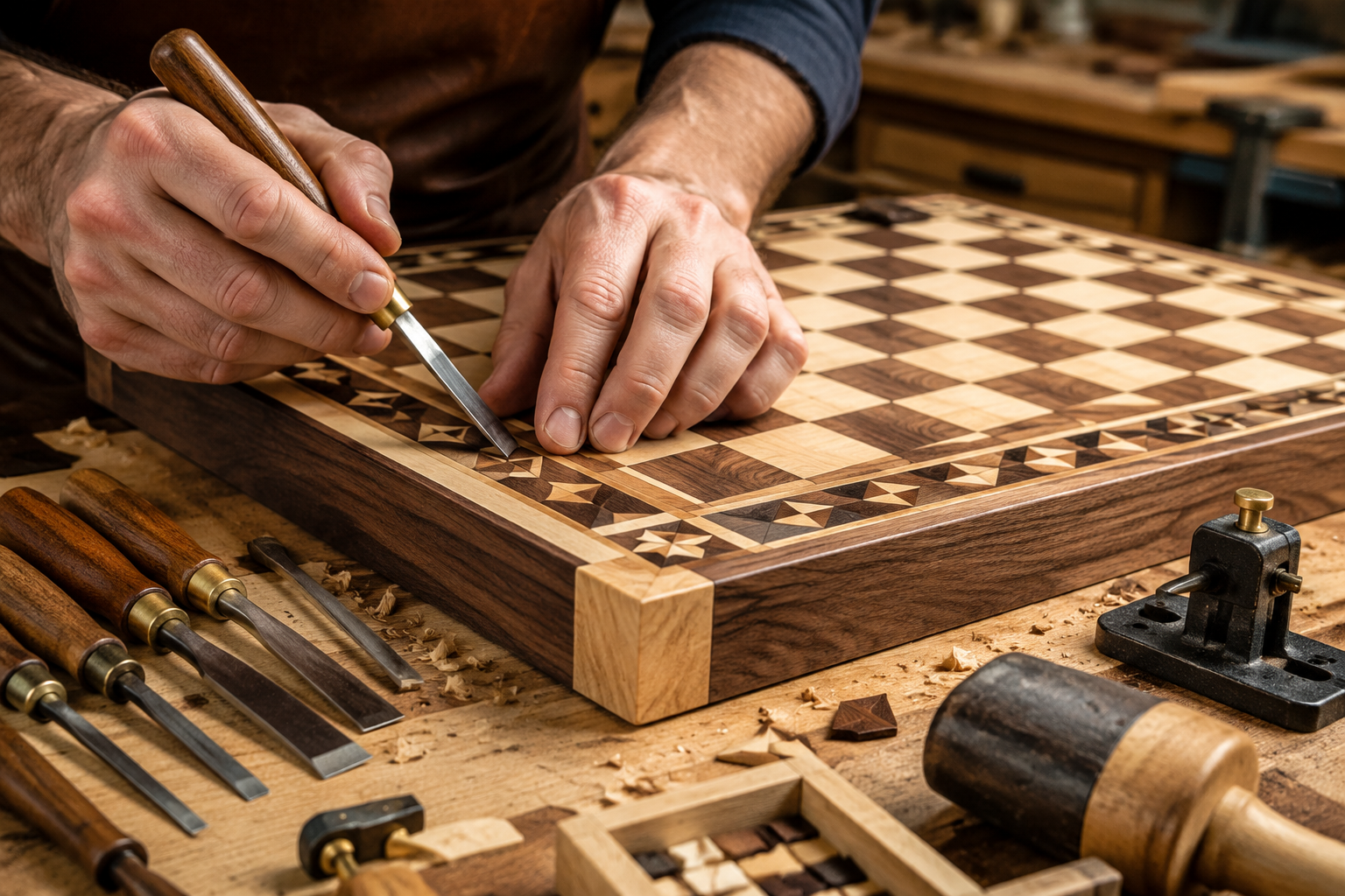 Detailed () image showing a close-up of a craftsman's hands using a chisel for fine inlay work on a half-finished wooden