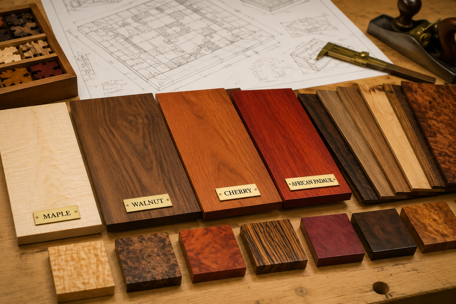 () image depicting an organized selection of premium hardwoods and exotic veneers laid out on a clean workbench, ready for