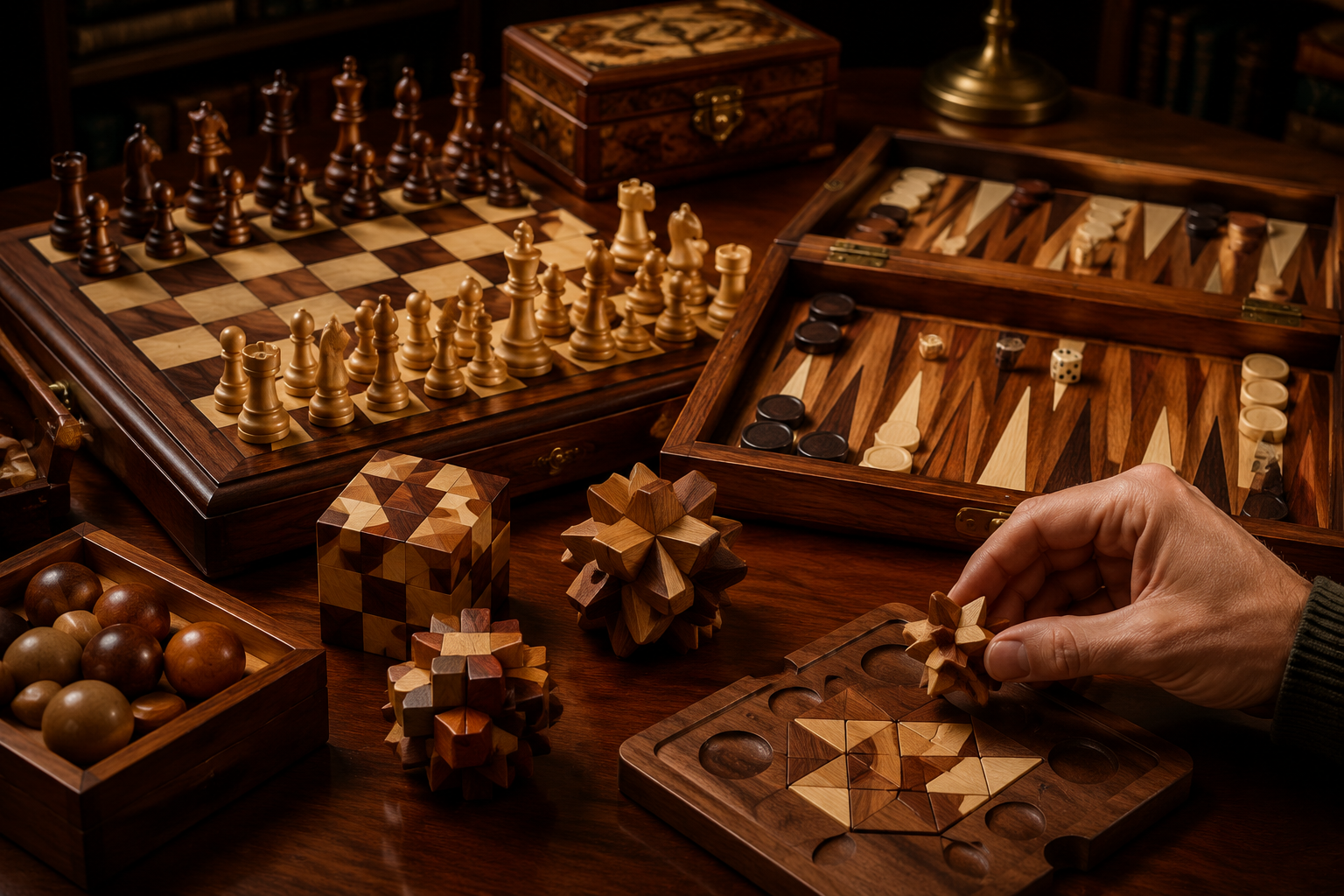 () image showcasing a collection of beautifully finished wooden board games and intricate puzzles displayed on a polished