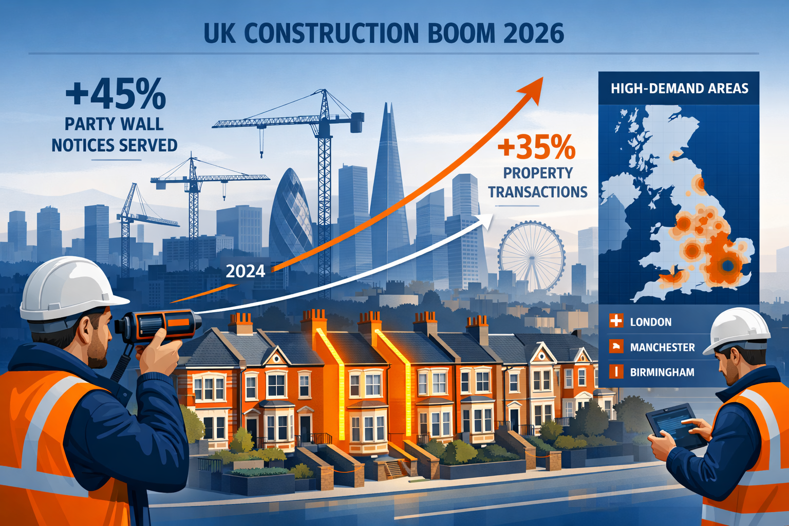 Detailed landscape format (1536x1024) illustration showing the 2026 UK construction market boom with infographic elements: upward trending g