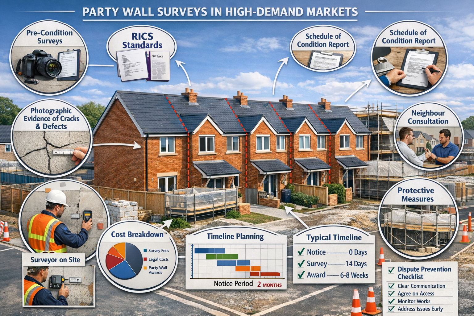 Detailed landscape format (1536x1024) comprehensive guide visualization showing best practices for party wall surveys in high-demand markets