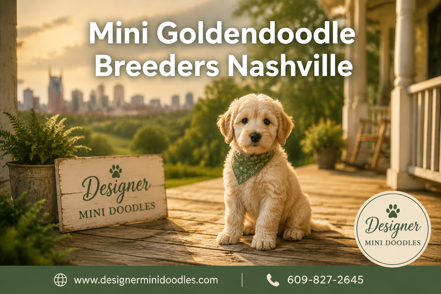 Professional () editorial hero image featuring 'Mini Goldendoodle Breeders Nashville' in white with subtle dark , centered