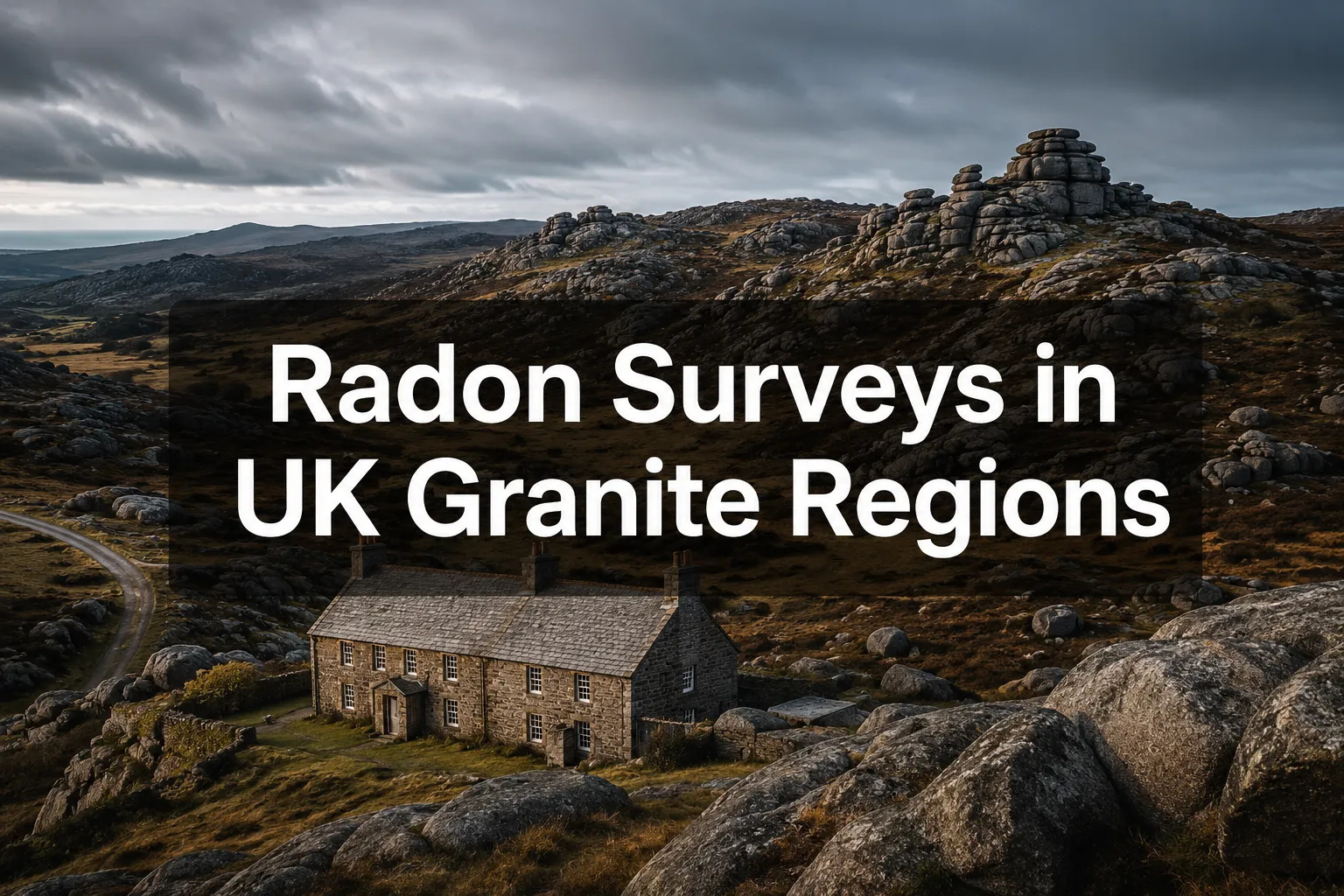 Professional () hero image with 'Radon Surveys in UK Granite Regions' in crisp white on a dark semi-transparent panel,