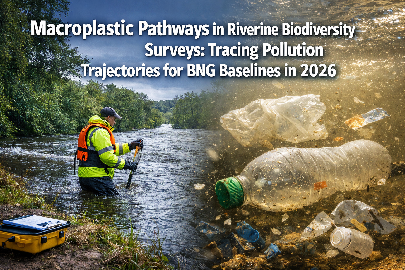 Professional () hero image with : 'Macroplastic Pathways in Riverine Biodiversity Surveys: Tracing Pollution Trajectories